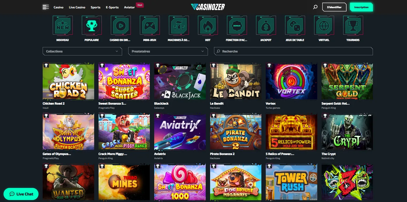 Jeux disponibles dans l’application Casinozer
